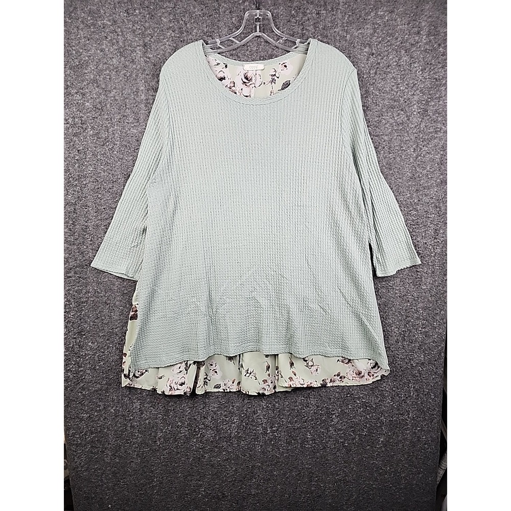 Oddi Tunic Top Womens Sage Green Waffle Knit Floral Tiered Hem Boho Plus